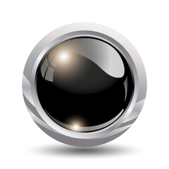 Black glossy button in a silver frame. Template with glare of light. Isolated on Transparent Background. Vector Illustration