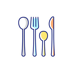Forks, knives and spoons RGB color icon. Isolated vector illustration. Dinner accessories for eating at home. Kitchen equipment. Beautiful design of tableware simple filled line drawing.
