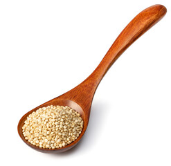 uncooked white quinoa in the wooden spoon, isolated on white background