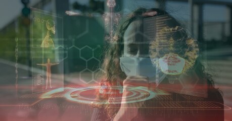 Composition of medical data processing over caucasian woman wearing face mask