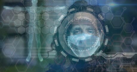 Composition of medical data processing over caucasian woman wearing face mask
