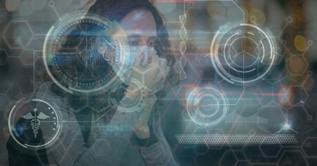 Composition of medical data processing over caucasian woman wearing face mask