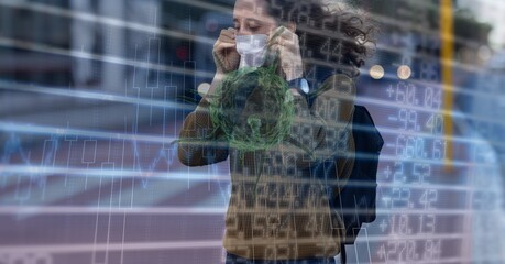 Composition of covid 19 cell and data processing over caucasian woman wearing face mask