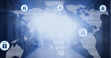 Composition of online security padlock icons over computer circuit board and world map