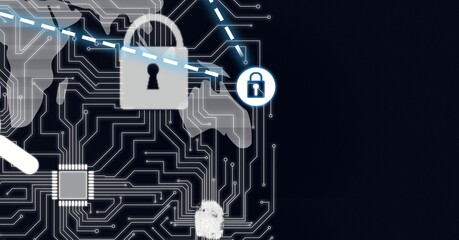 Composition of online security padlock icons over world map and computer circuit board