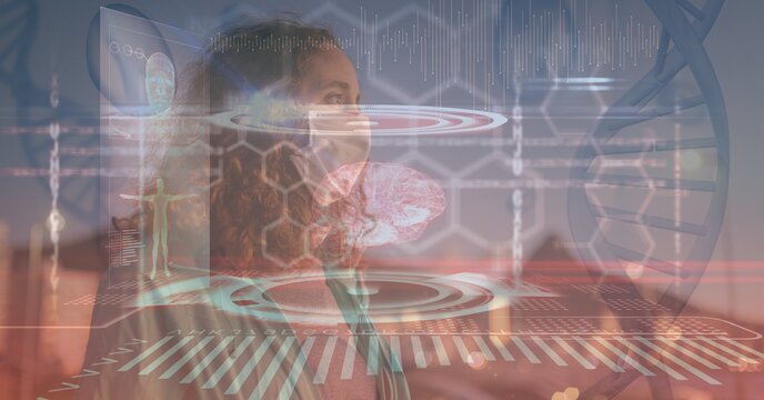 Composition of dna strand and medical data processing over caucasian woman wearing face mask