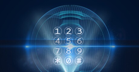 Composition of interface with telephone numeric keypad with holographic curved lights on black