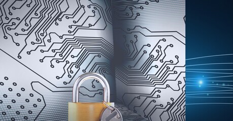 Composition of security padlock over computer circuit board