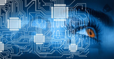 Composition of computer processor and circuit board over woman's eye - Powered by Adobe