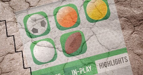 Composition of sports balls on green signs over cracked soil surface
