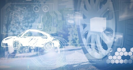 Composition of digital icons and car drawing over car tyre © vectorfusionart
