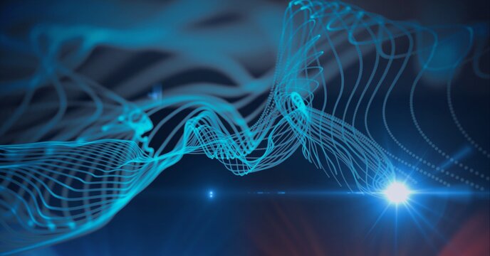 Composition of 3d tangled network of blue lines with blue spotlight on black background