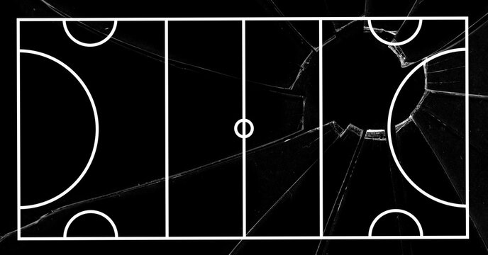 Composition of white and black basketball court grid overhead view over broken glass on black