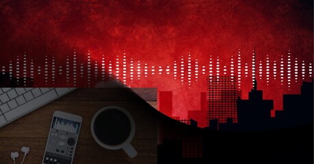 Composition of graphic music equalizer over smartphone and keyboard with cityscape on red background