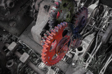 Rusty old metal gears in a broken combine unit. Remains of the old mechanism