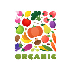 Organic food concept. Square composition of vegetables and fruits drawn in a flat style. Vector 10 EPS.