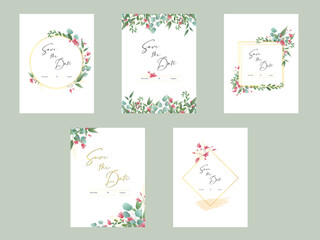 Fototapeta na wymiar Beautiful floral wreath wedding invitation card template. Set of card with flower rose, leaves. Wedding ornament concept.