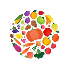 Organic food concept. Circle composition of vegetables and fruits drawn in a flat style. Vector 10 EPS.