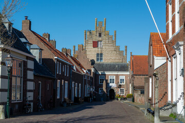 Fototapeta premium City view on old medieval houses in small historical town Veere in Netherlands, province Zeeland