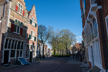 City view on old medieval houses in small historical town Veere in Netherlands, province Zeeland