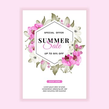 summer sale banner flyer with Orchid pink watercolor
