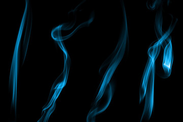 set swirling movement of blue smoke group, abstract line Isolated on black background