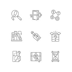 Puzzle solving linear icons set. Investigate footprints. Message in bottle. Clues for riddles. Customizable thin line contour symbols. Isolated vector outline illustrations. Editable stroke