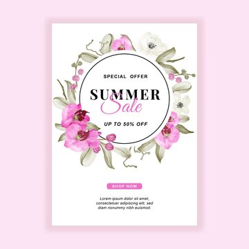 summer sale banner flyer with Orchid pink watercolor