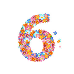 floral font with colorful tiny flowers. joyful number six