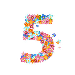 floral font with colorful tiny flowers. joyful number five