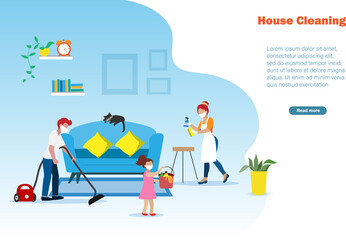 Family cleaning house. Father, mother and daughter vacuuming floor, cleaning and wiping living room at home. Vector. 