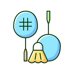 Badminton RGB color icon. Hitting shuttlecock over net. Heart-racing workout. Recreational sport game. Isolated vector illustration. Fast-paced racket sport simple filled line drawing