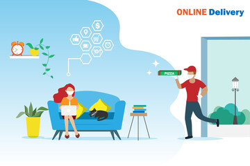 Woman wearing face mask online order pizza delivery at home. Work from home, quarantine,lock down during covid-19 pandemic and online food deliver service concept.