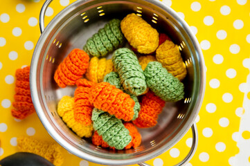 Food making game. Macaroni pasta shape, hand made crochet toys. Playing kitchen. New undiscovered activities for kids at home.