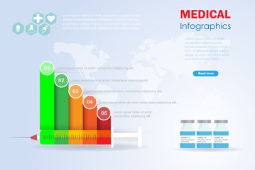 Covid-19 vaccine syringe infographics with 5 steps or options. Template of processes. graph, chart, diagram, presentation to provide medical and healthcare data information.