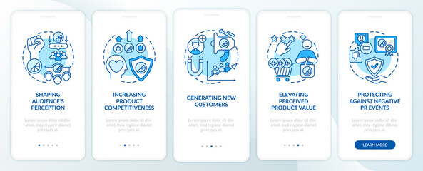 Strong brand identity onboarding mobile app page screen with concepts. Shaping audience perception walkthrough 5 steps graphic instructions. UI, UX, GUI vector template with linear color illustrations