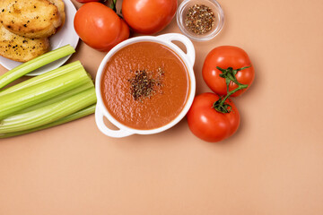 Plate With Tomatoes and Celery Soup and Ingredients Healthy Vegetarian Diet Food Top View