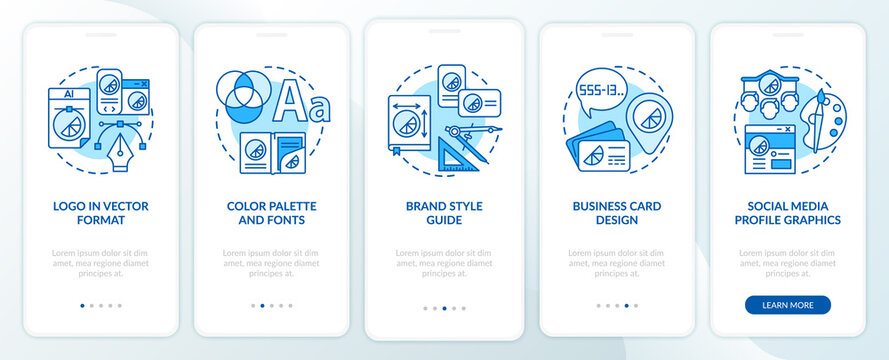 Branding services onboarding mobile app page screen with concepts. Logo in vector format walkthrough 5 steps graphic instructions. UI, UX, GUI vector template with linear color illustrations