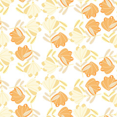 Summer seamless pattern with random orange colored doodle flowers print. Isolated floral backdrop.