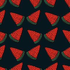 Contrast seamless fresh food pattern with bright red watermelon slice print. Black background.