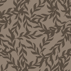 Random brown seaweed elements seamless pattern in aquatic style. Grey background. Algae backdrop.