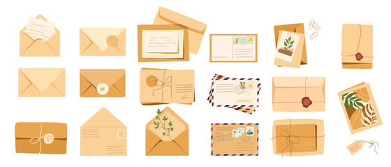Set of craft envelopes, letters, post cards. Kraft envelopes with post stamp, post mark, paper letter, tags and greeting card. Gift wrapping and mail sending concept. Vector illustration 