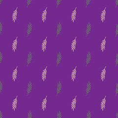 Pink and green little leaves branches elements seamless doodle pattern. Bright purple background.