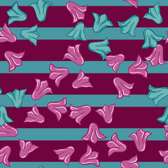 Bright blue and pink bellflowers elements seamless pattern in random style. Striped background.