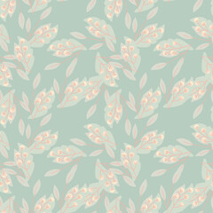 Pastel tones seamless pattern in vintage style with rowan berries and leaves. Blue pastel background.