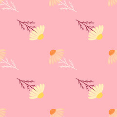 Blossom field seamless pattern with chamomile flowers ornament. Pink pastel background. Bloom print.
