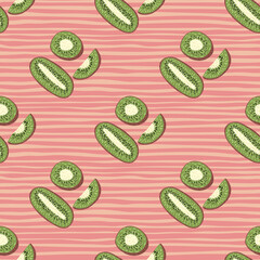 Organic food seamless pattern with little green kiwi fruit silhouettes. Pink striped background. Vitamin ornament.
