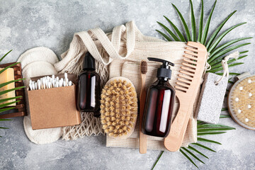 Set of natural skin care products and eco friendly bathroom accessories.