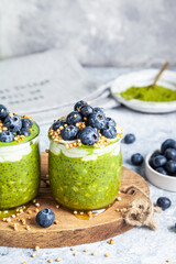Overnight matcha chia oats are topped with yogurt and blueberries.