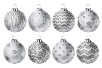 Silver Christmas balls 3d. Fur- tree classic round toys bundle on white background